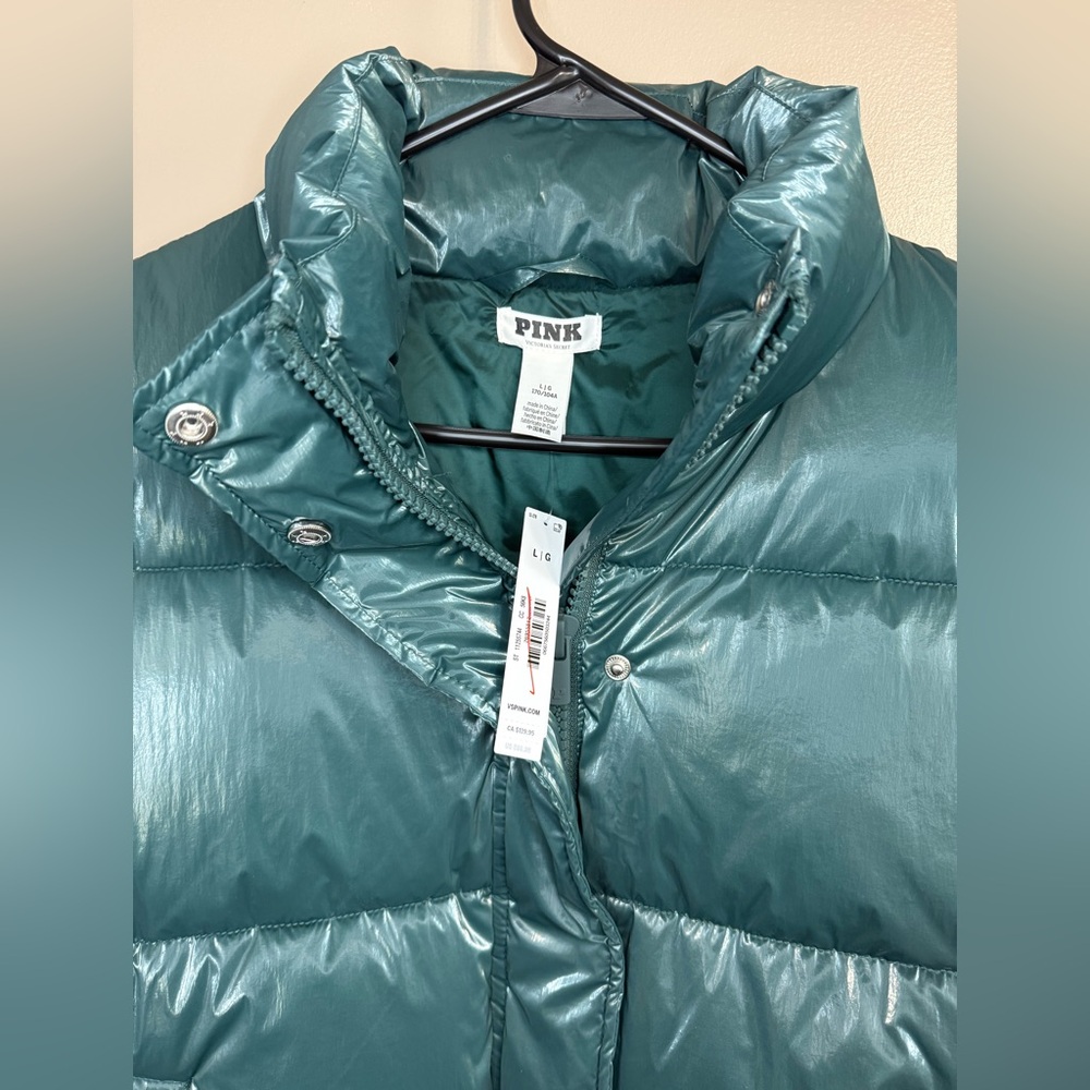 PINK Victoria's Secret High Shine Marshmallow Puffer Vest Forest Green Women's L - Picture 4 of 14